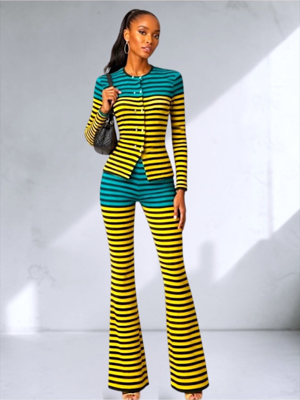 RIVIR Turquoise & Yellow Ribbed Striped Knit Pantsuit Set